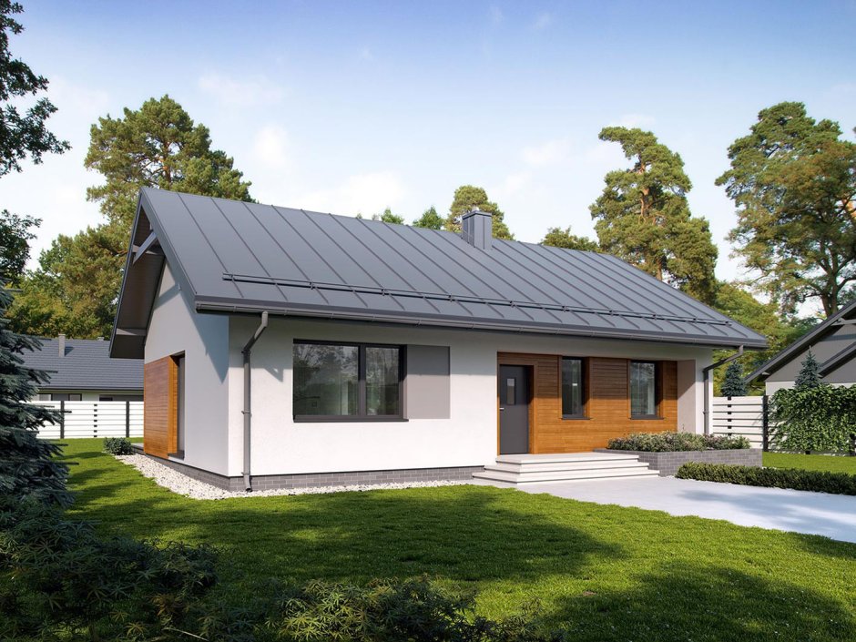 Одноэтажный дом с двускатной крышей