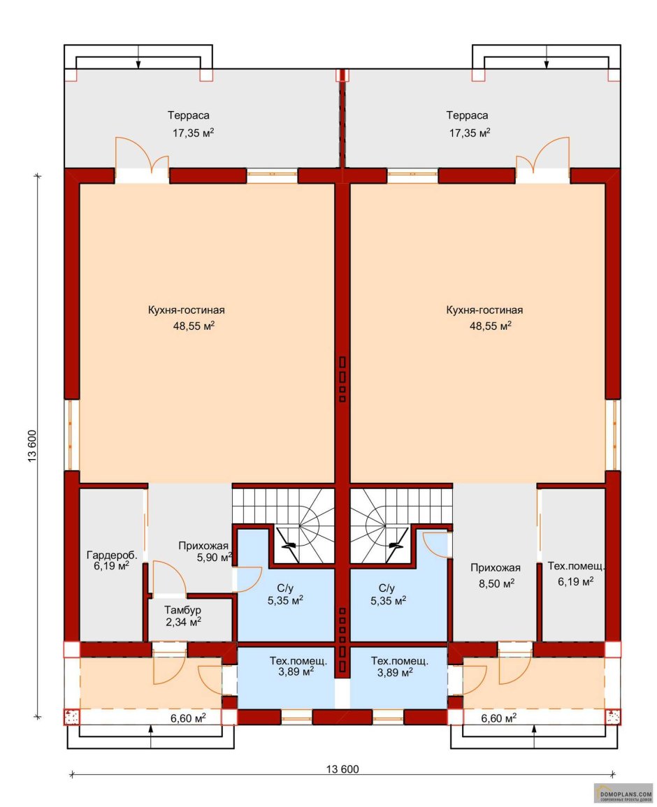 Одноэтажный дуплекс планировка 100м2