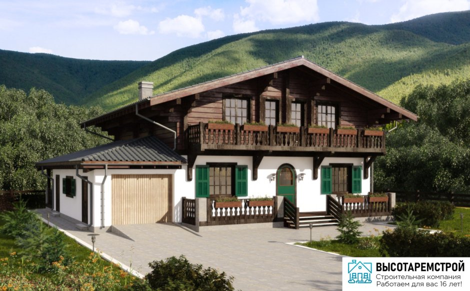 Дом Шале первый этаж камень второй дерево