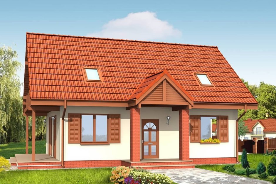 Одноэтажный дом с двухскатной крышей и крыльцом