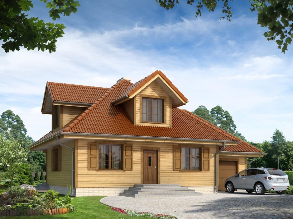 Деревянный дом с гаражом