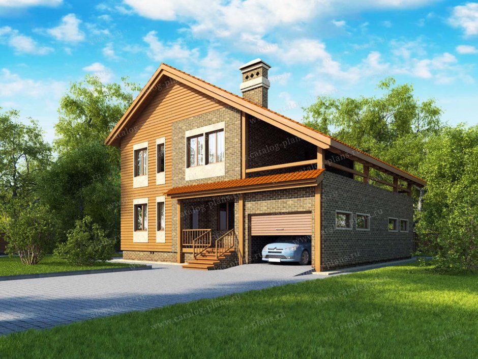 Деревянный домик с гаражом и балконом