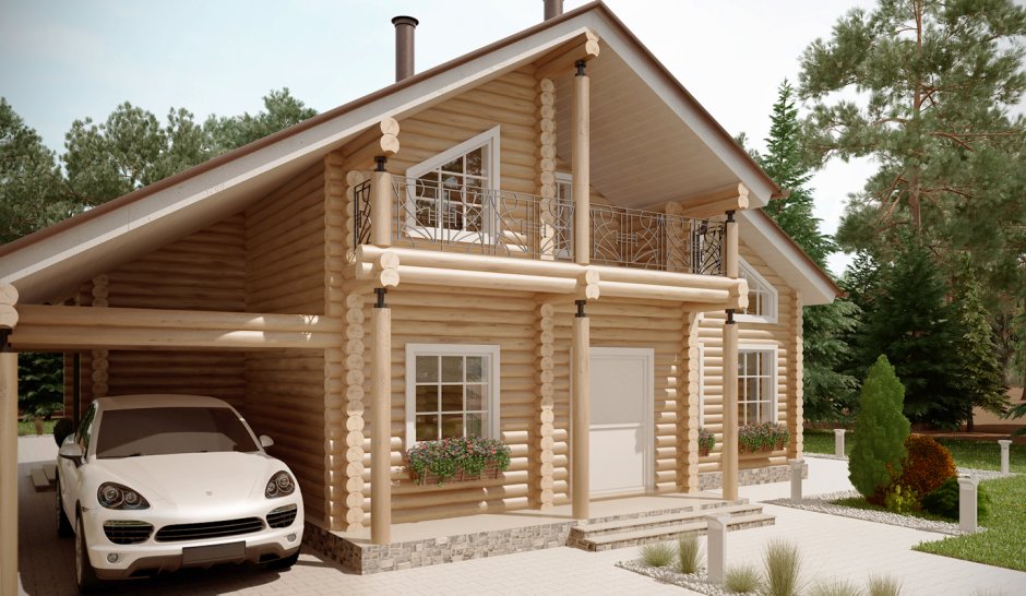 Бревенчатый дом с гаражом