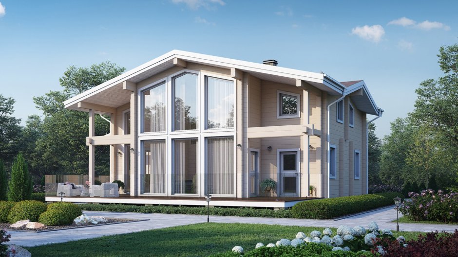 Дом из бруса с панорамными окнами двухэтажный