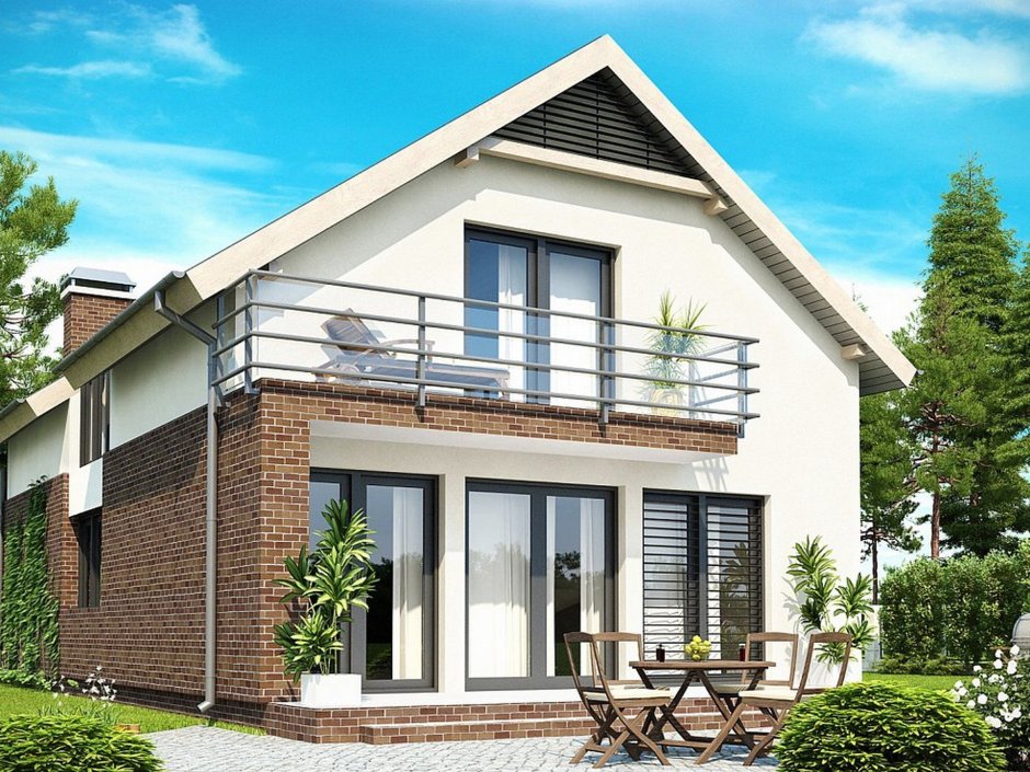 Двухэтажный дом с панорамными окнами и балконом