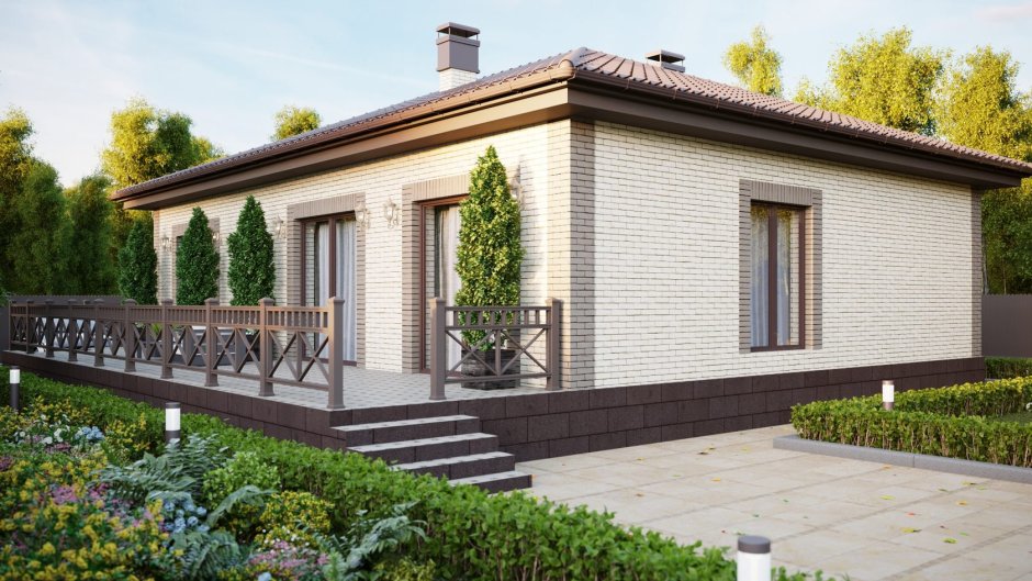 Одноэтажный дом из белого кирпича