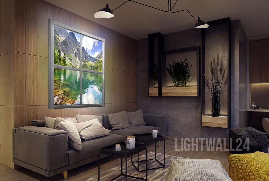 Фальшокно в интерьере гостиной