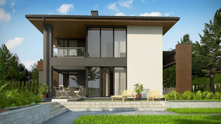 Двухэтажный коттедж с панорамными окнами