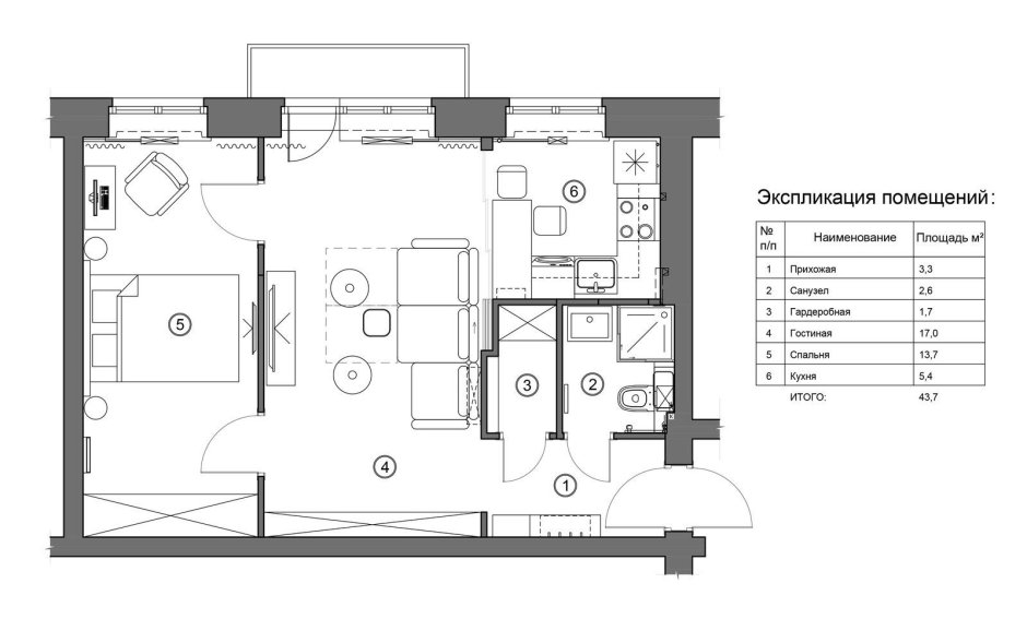 Перепланировка двухкомнатной квартиры 44 кв.м