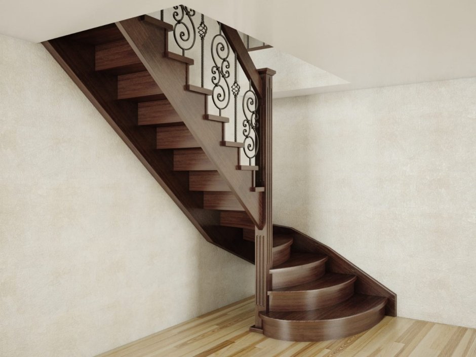 Лестница на тетиве поворотная на 90 с забежными ступенями