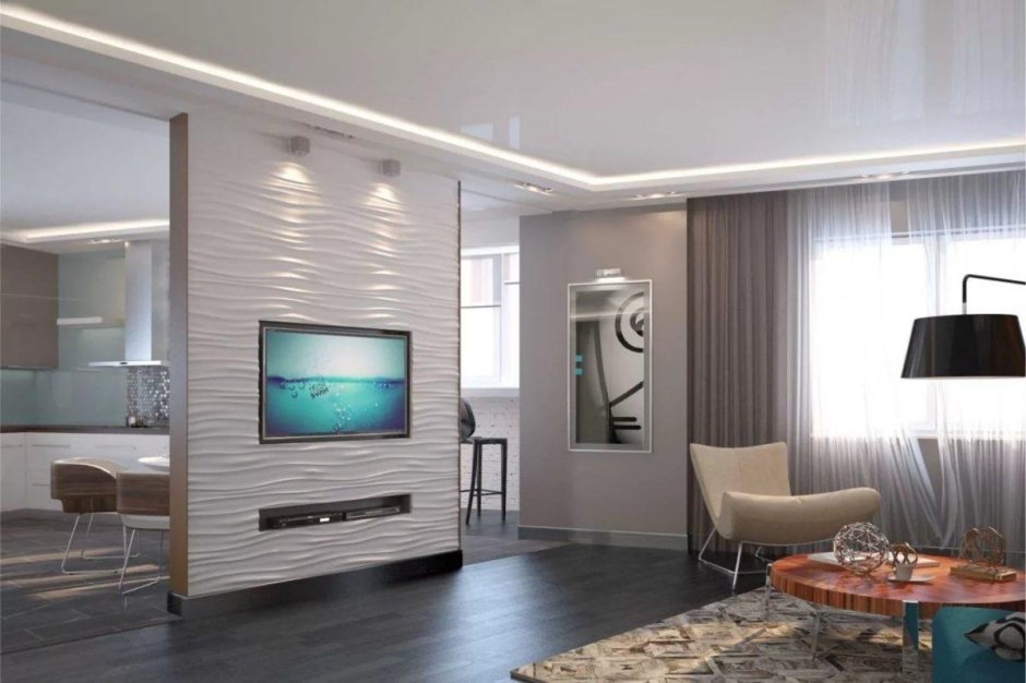 Реечные перегородки для зонирования с телевизором