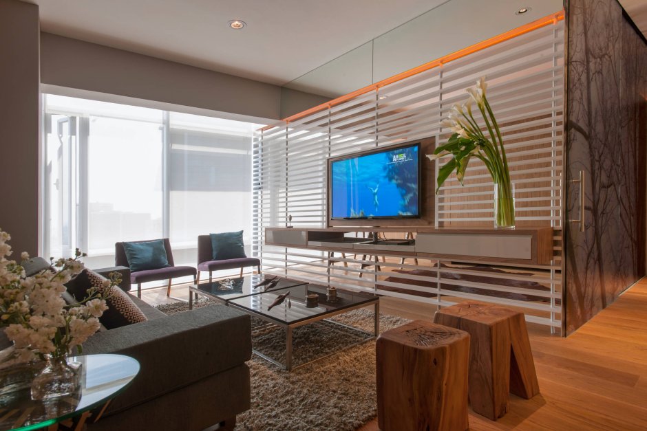 Деревянная перегородка с телевизором