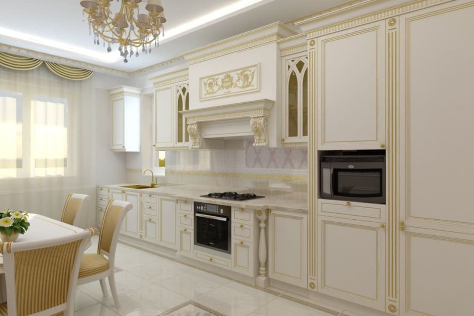 Кухня классика белая с золотой патиной в интерьере