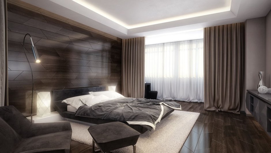 Серый и коричневый в интерьере спальни