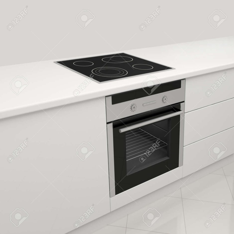 Белая кухня с черной духовкой и варочной панелью