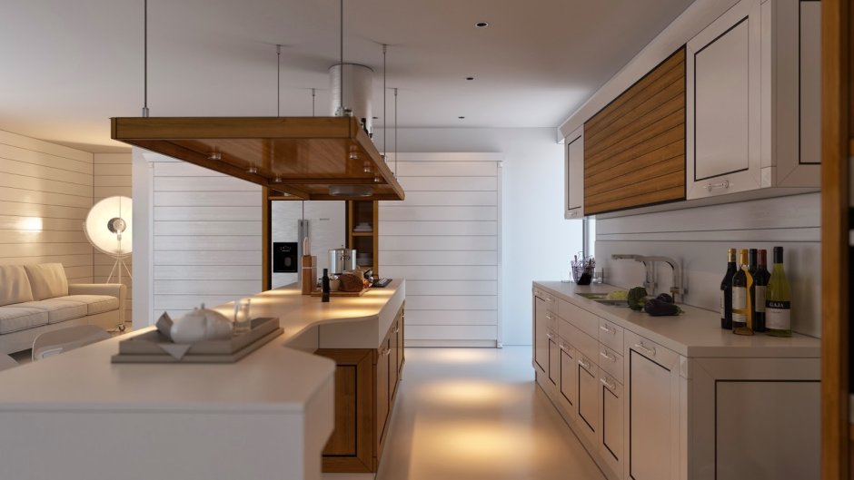 Кухонный островок деревянный с вытяжкой