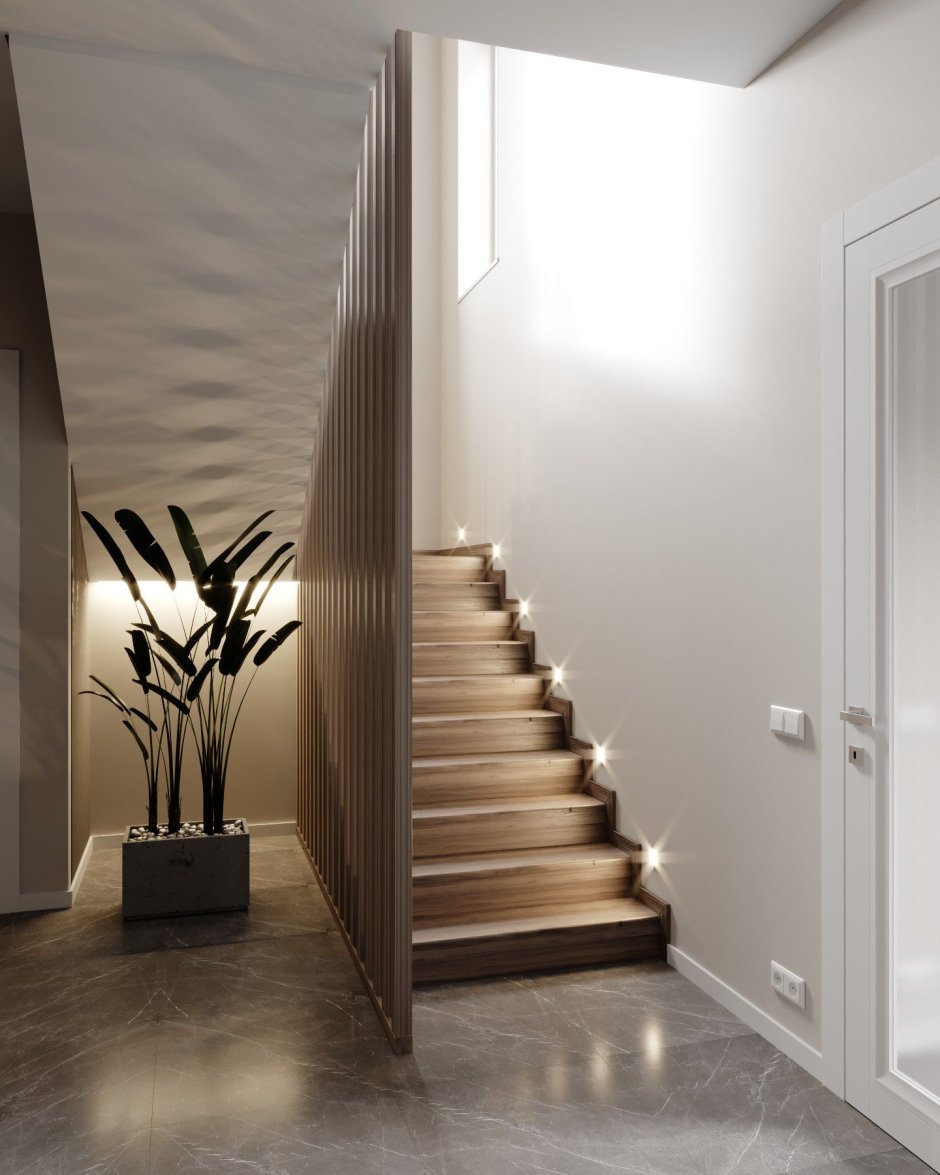 Интерьер и освещение лестницы в частном доме