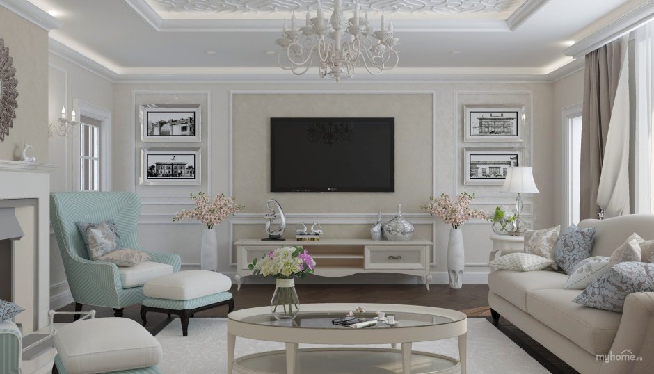 Гостиная с молдингами на стенах