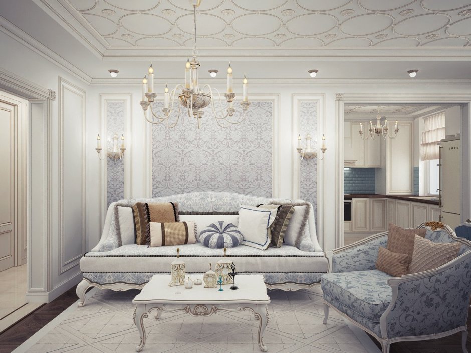 Интерьер белой гостиной в классическом стиле