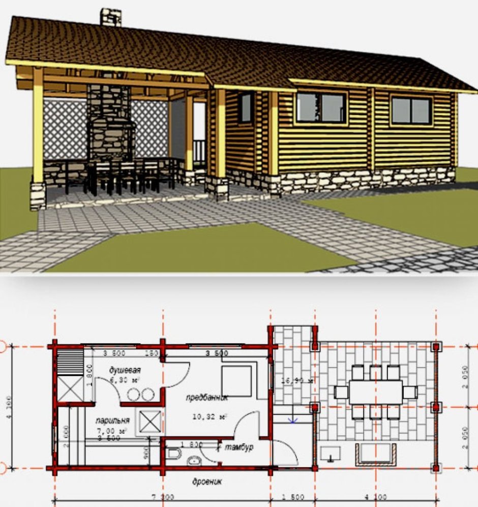 Баня с террасой под одной крышей 6х4м