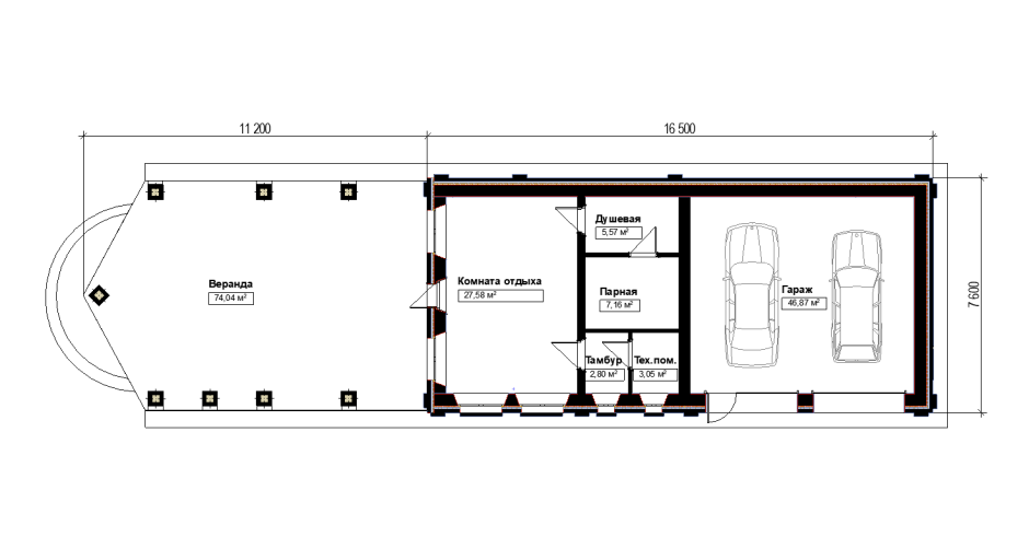 Проект гаража на 2 машины с навесом спереди