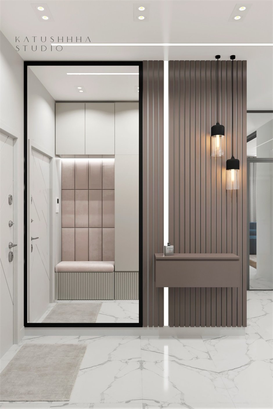 Прихожая с рейками и зеркалом