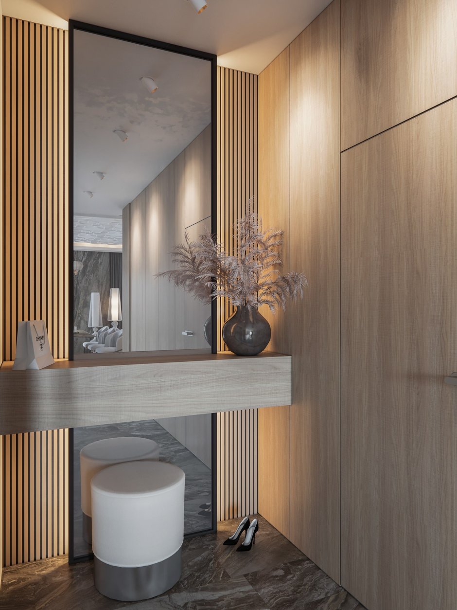 Прихожая с рейками и зеркалом