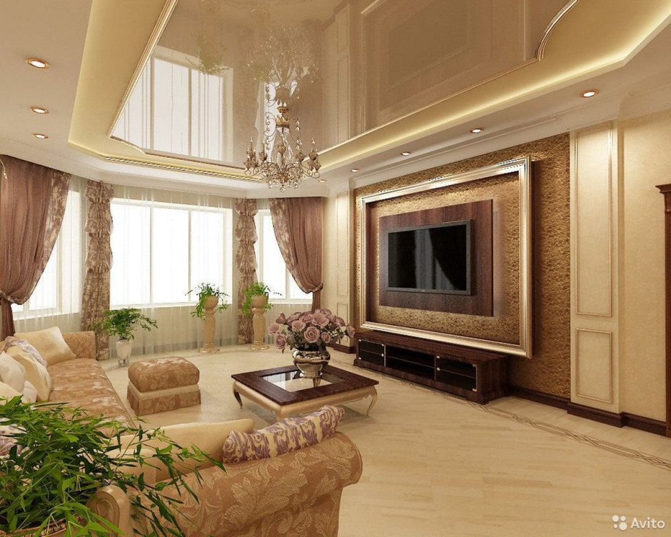 Натяжной потолок с эркером в гостиной