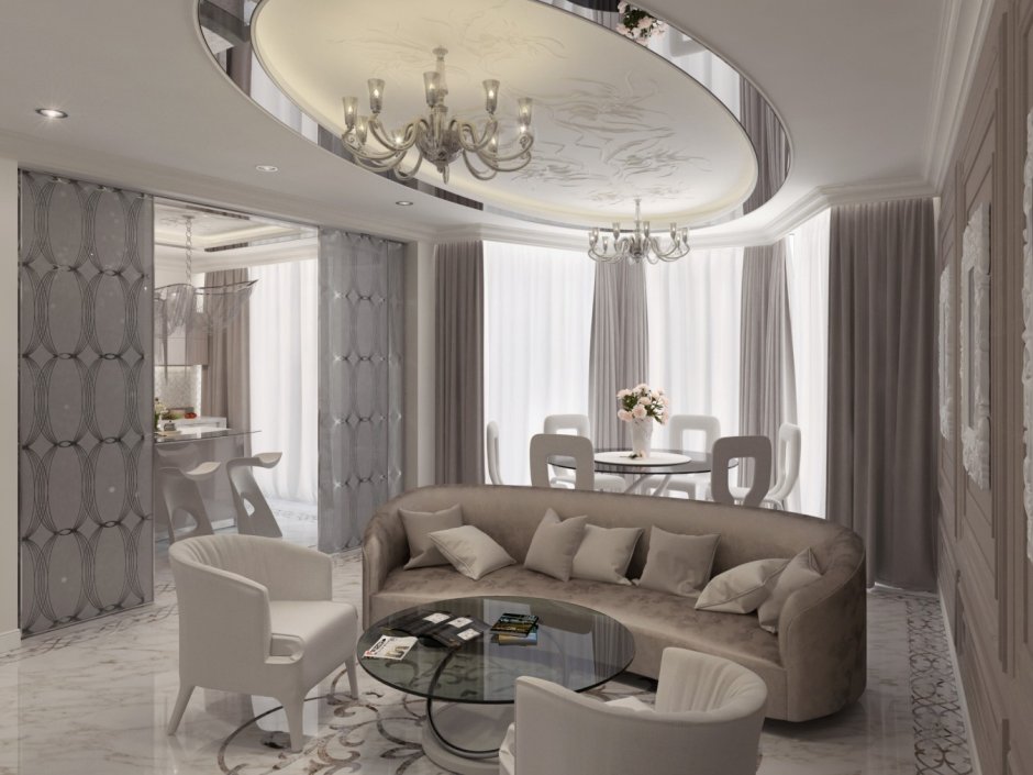 Потолок в гостиной с эркером