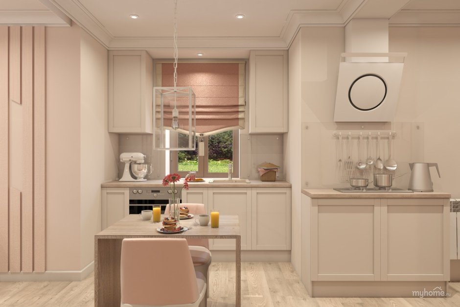 Пудровая кухня в интерьере