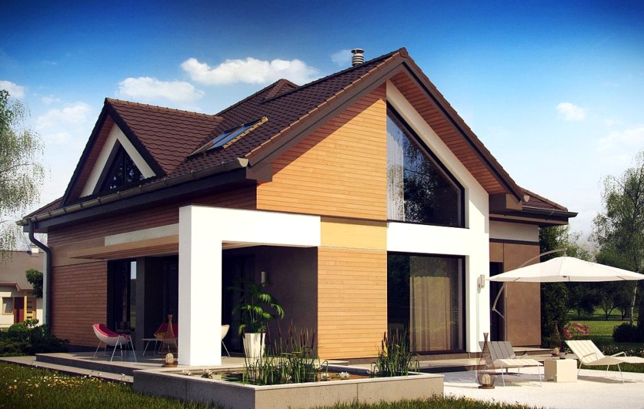 Фасад дома с двускатной крышей в современном стиле