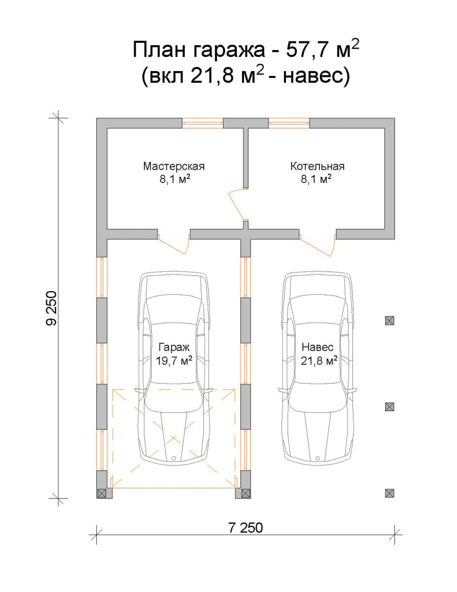 Схема гаража на 2 машины с одними воротами