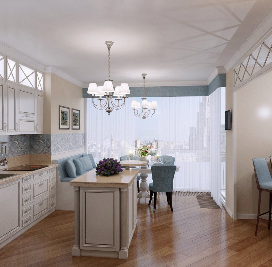 Белая кухня с желтыми шторами