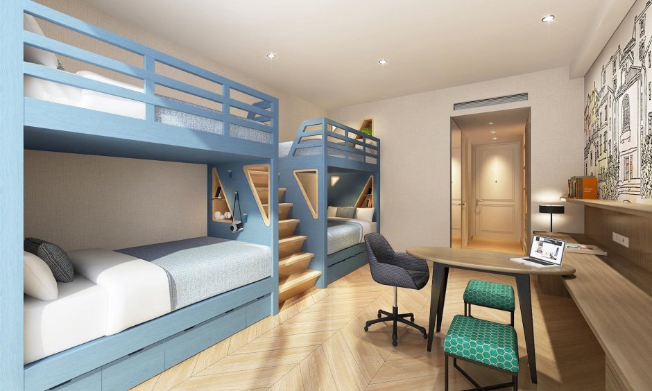 Детская комната для двоих разнополых с двухъярусной кроватью