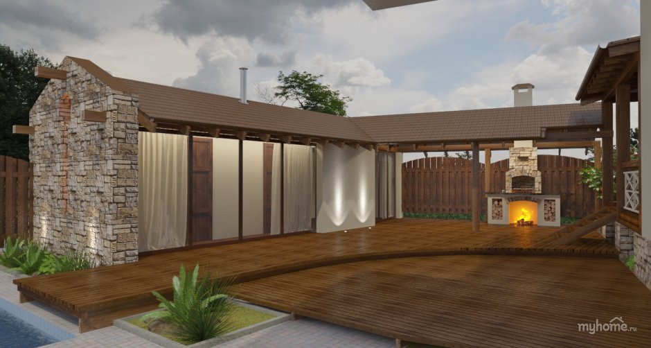 Баня с бассейном и беседкой и мангальной зоной под одной крышей