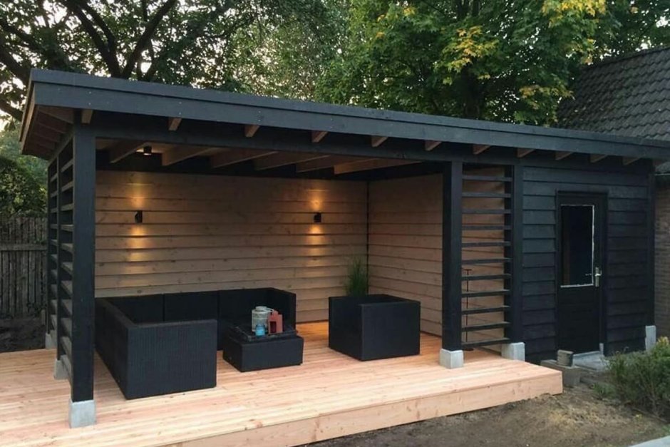 Баня с односкатной крышей и беседкой под одной крышей
