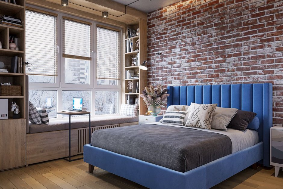Спальня в стиле лофт белый кирпич