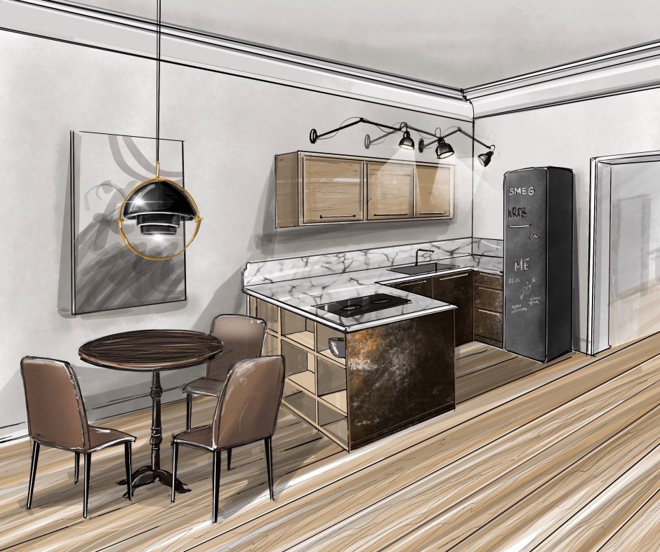 Интерьерный скетчинг кухня