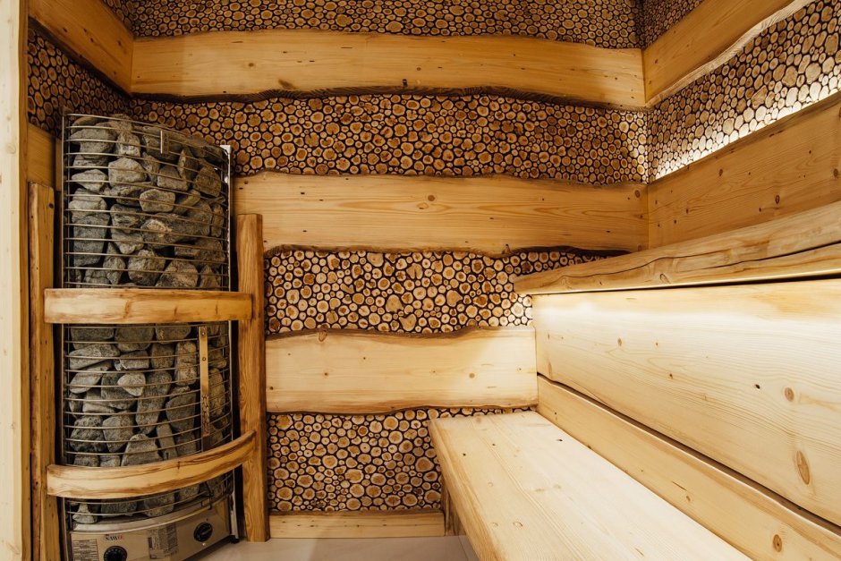 Отделка бани спилами дерева