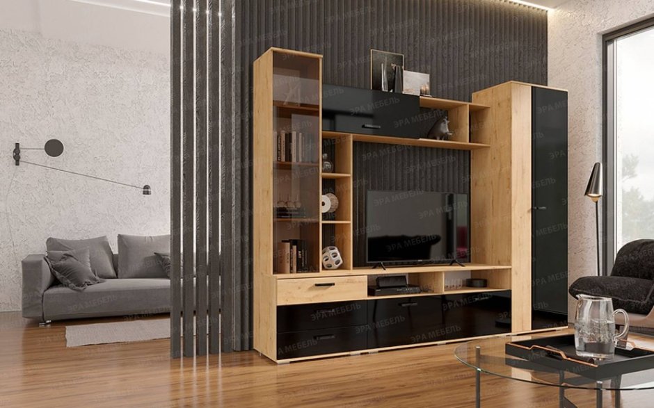 Гостиная Крокус дуб Вотан/чёрный глянец