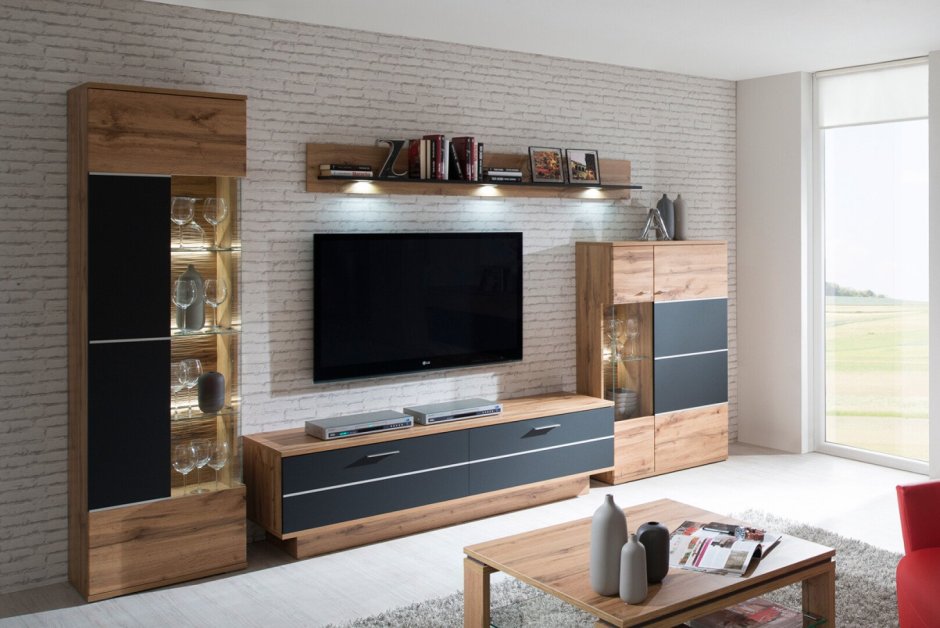 Стенка дуб Вотан в интерьере гостиной