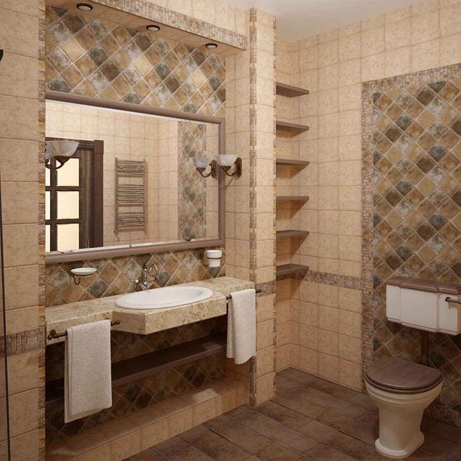 Плитка в деревянном доме в ванной