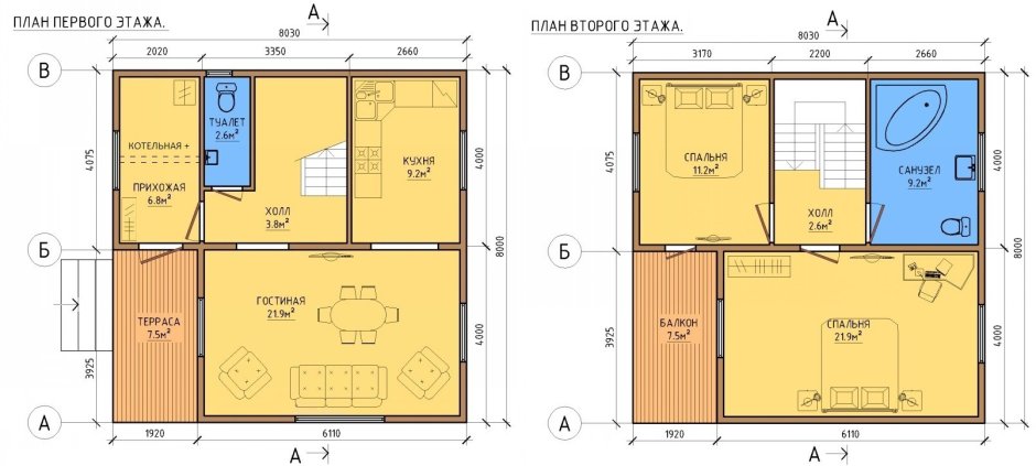 Планировка дома 6 на 8 с камином