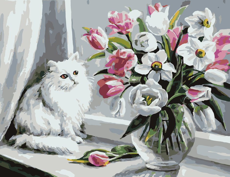 Кот с цветами живопись
