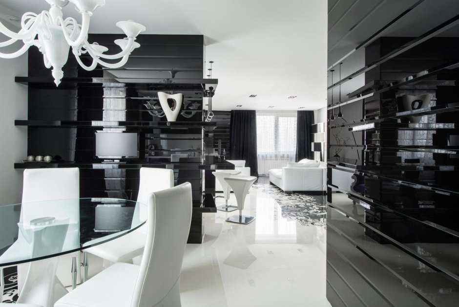 Черно белая кухня гостиная