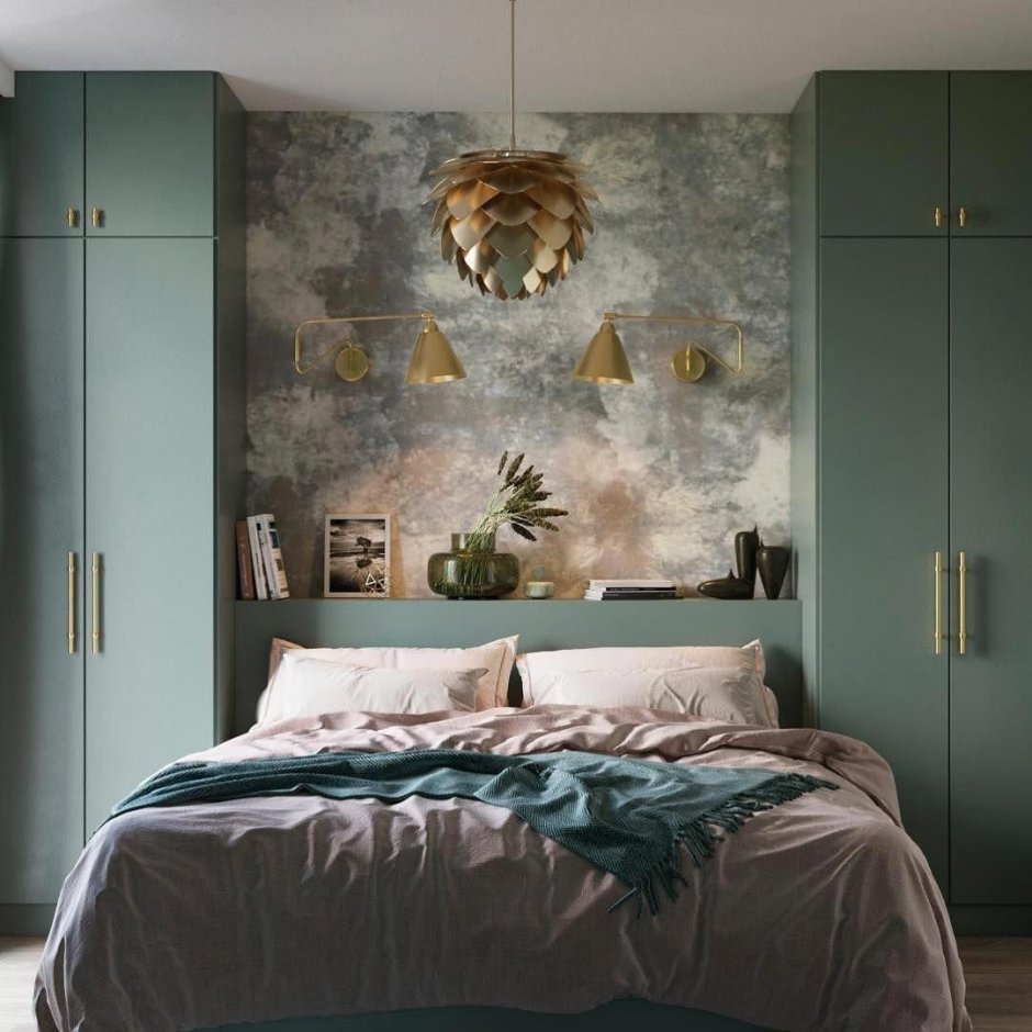 Серо-зеленый цвет в интерьере спальни