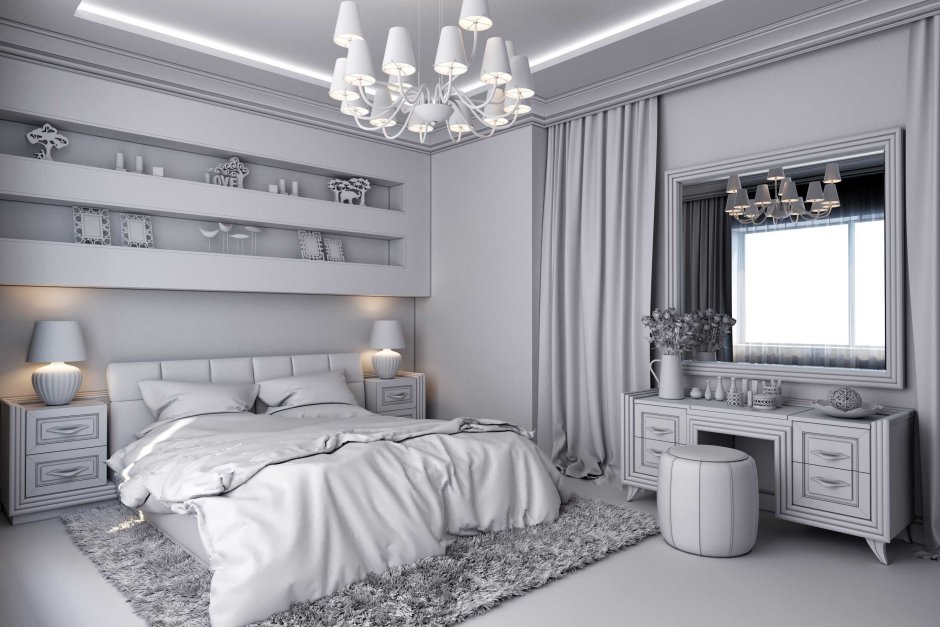 Спальня в сером цвете с белой мебелью