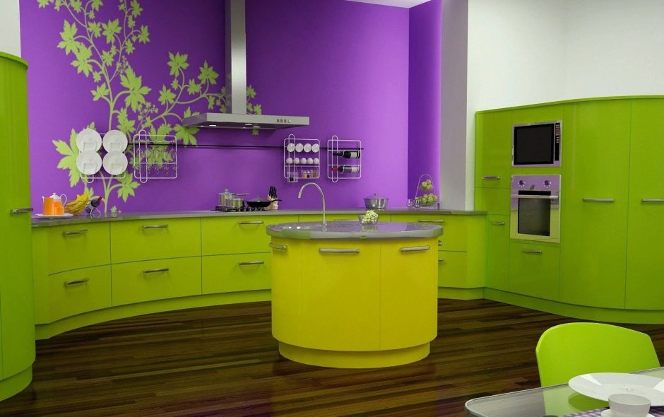 Кухня в зелено фиолетовом цвете